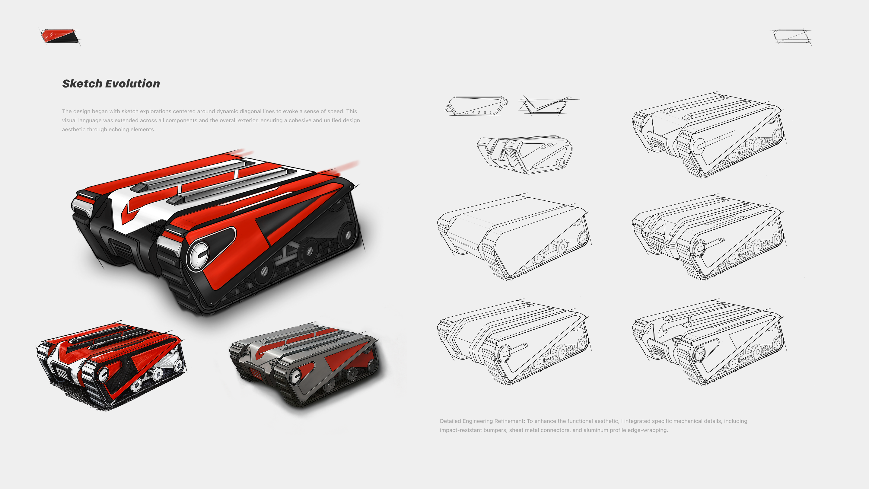 Robify sketch development board with form explorations and detailed engineering studies.