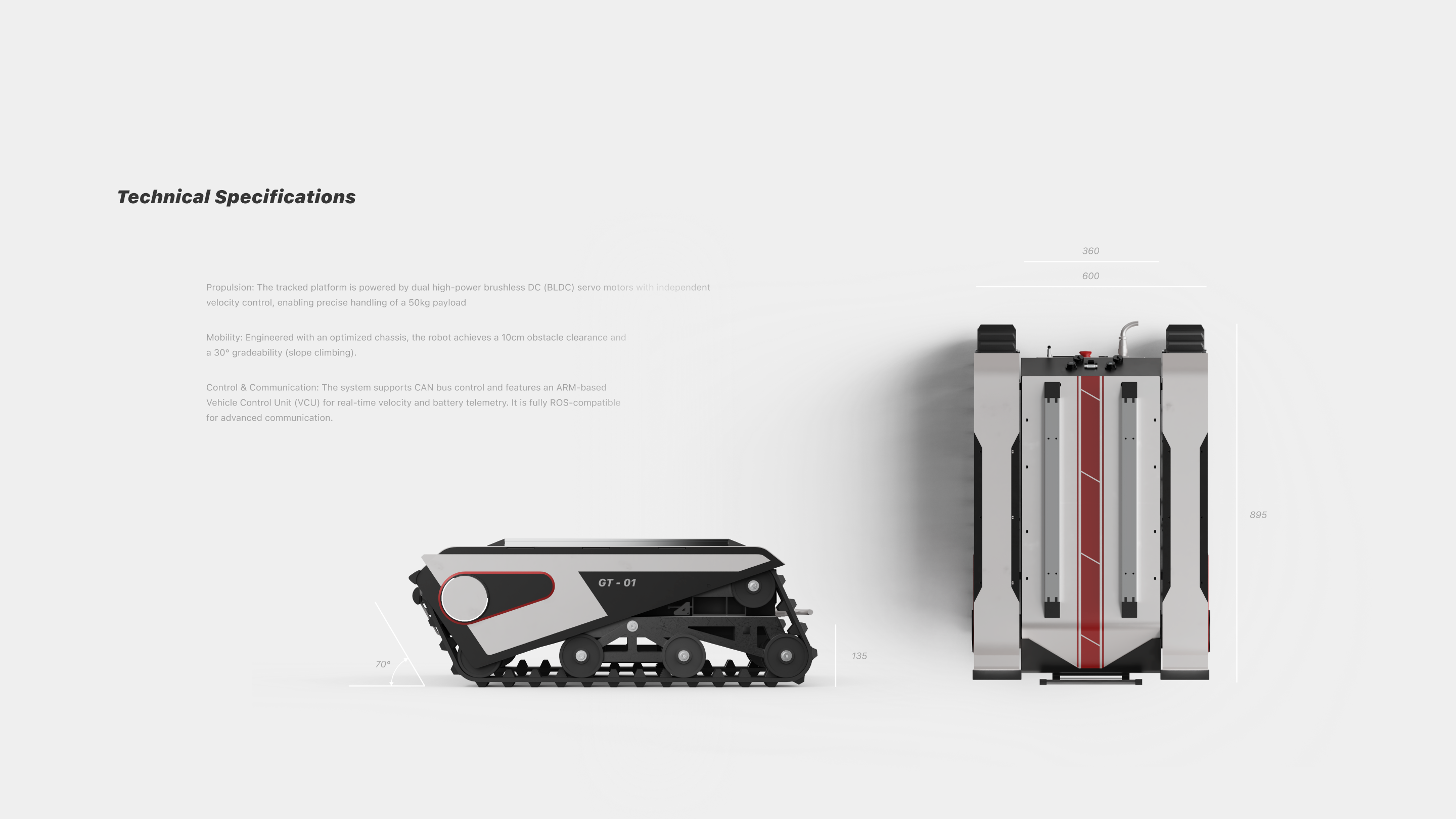 Robify technical specification board with chassis views, dimensions, mobility, and control details.
