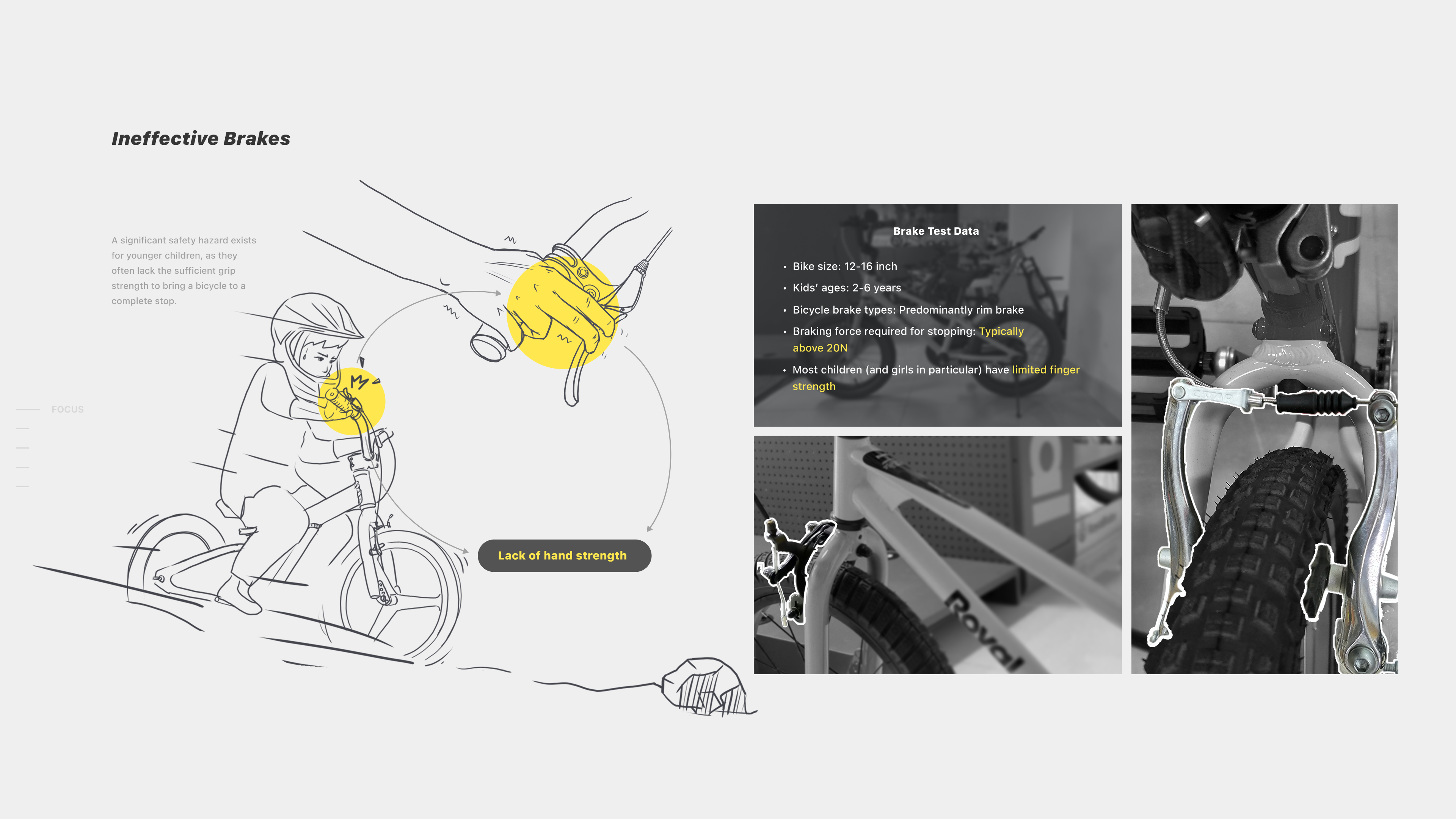 Ineffective Brakes research board with a child on a bike and brake-test data, highlighting a lack of hand strength.
