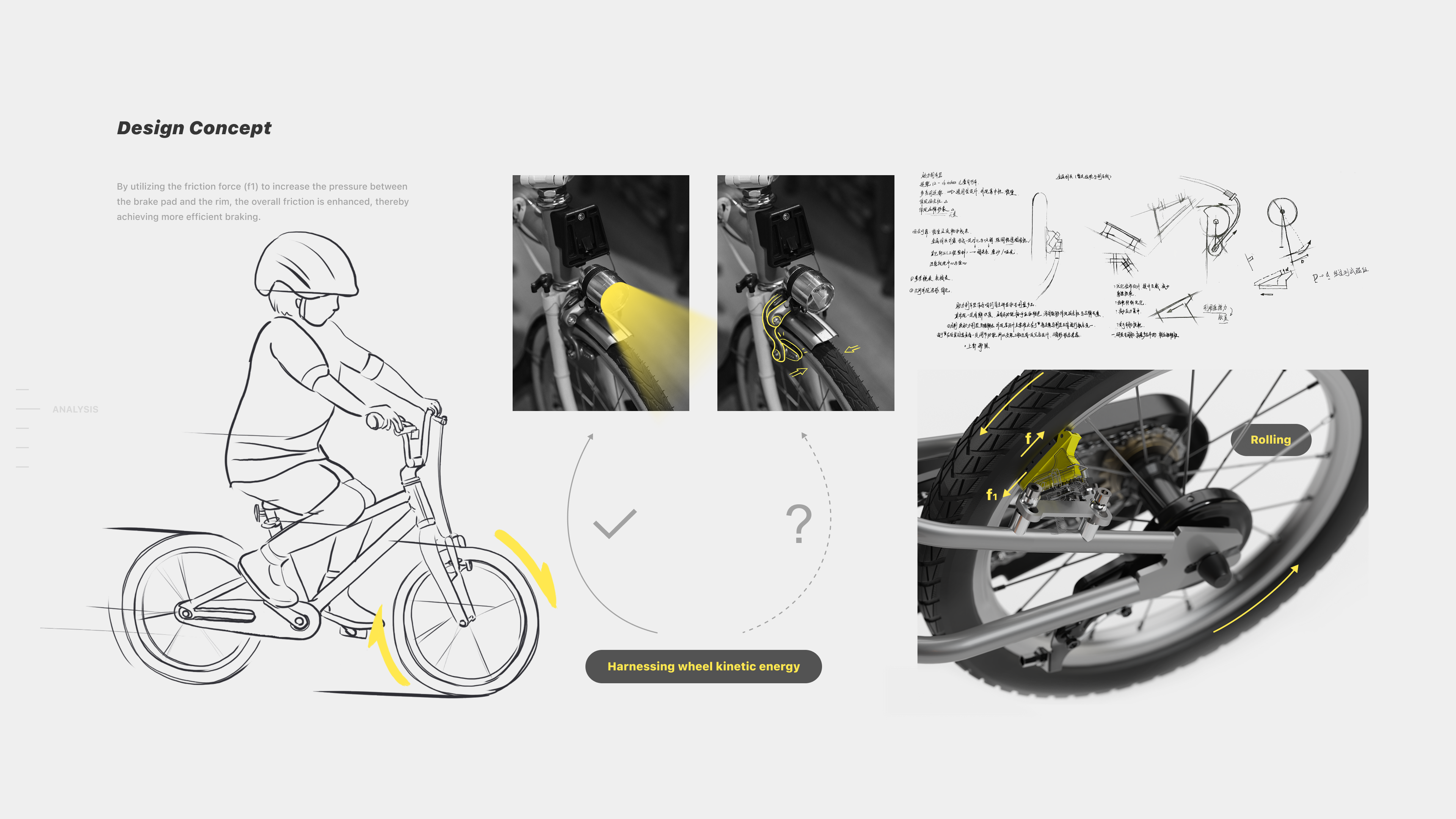 Design Concept board showing the wheel-kinetic-energy mechanism and friction-based braking principle.