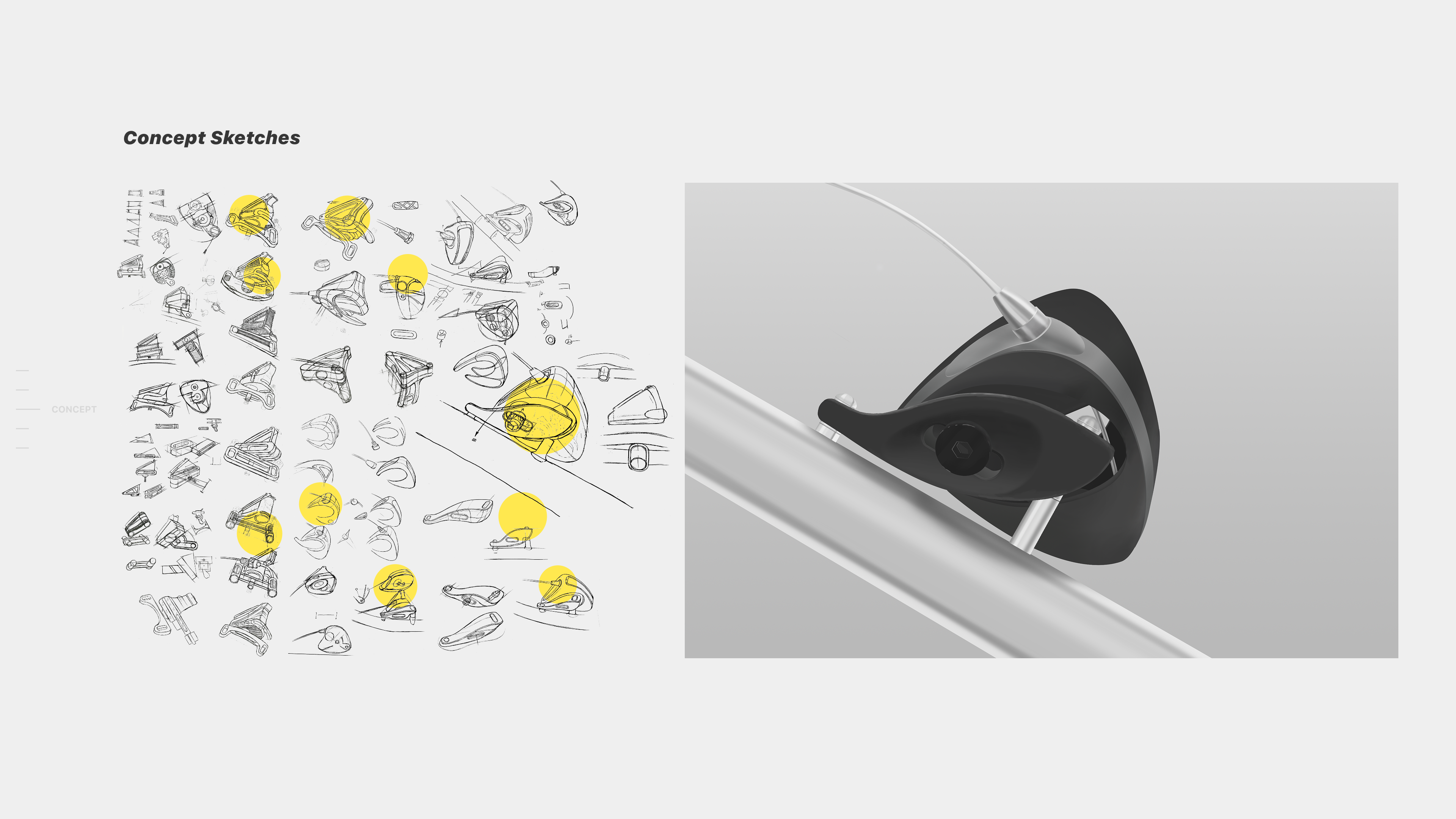 Concept Sketches board with many hand-drawn form studies and a 3D render of the brake mechanism.