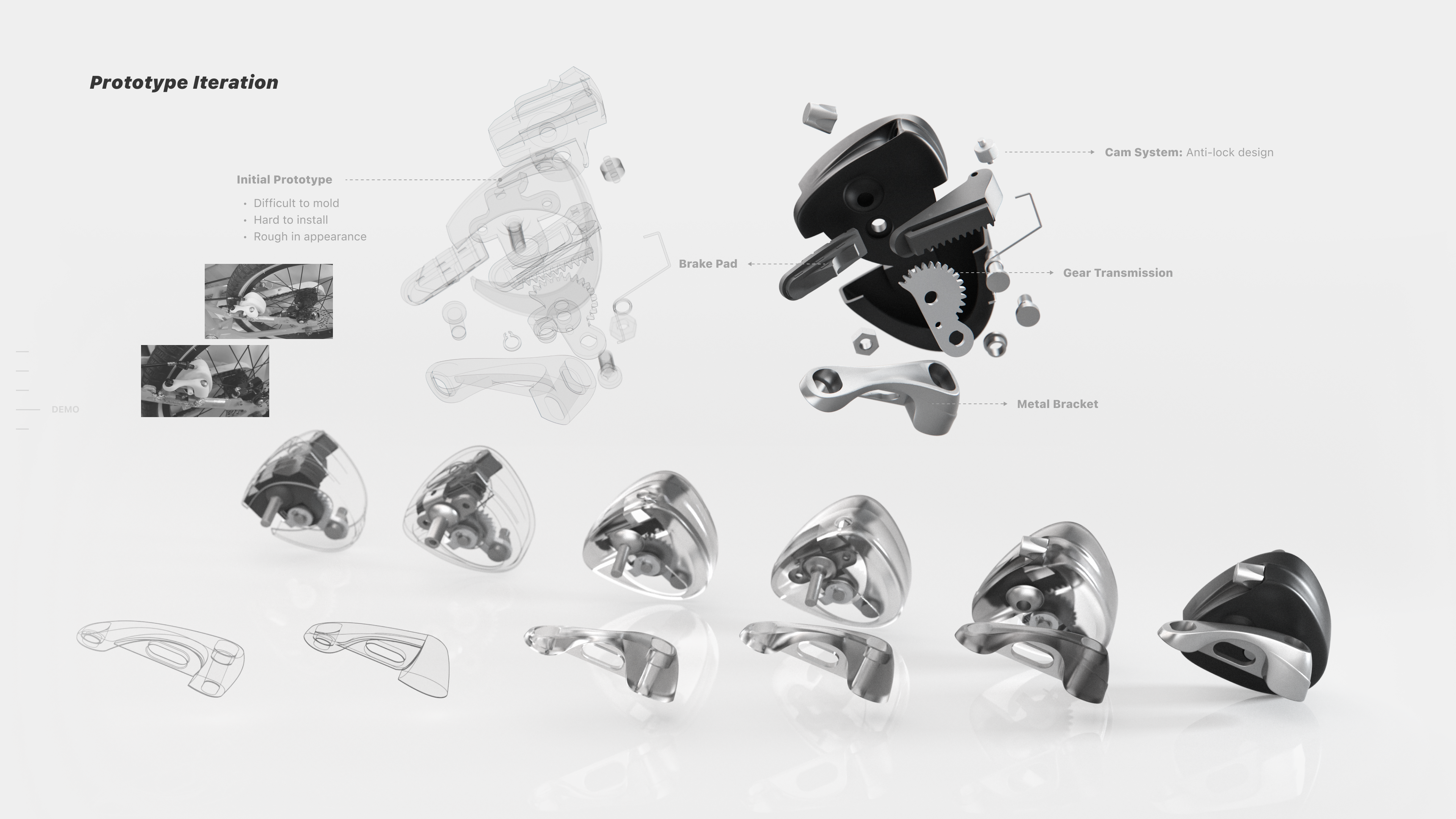 Prototype Iteration exploded view revealing the brake pad, cam system, gear transmission, and metal bracket.