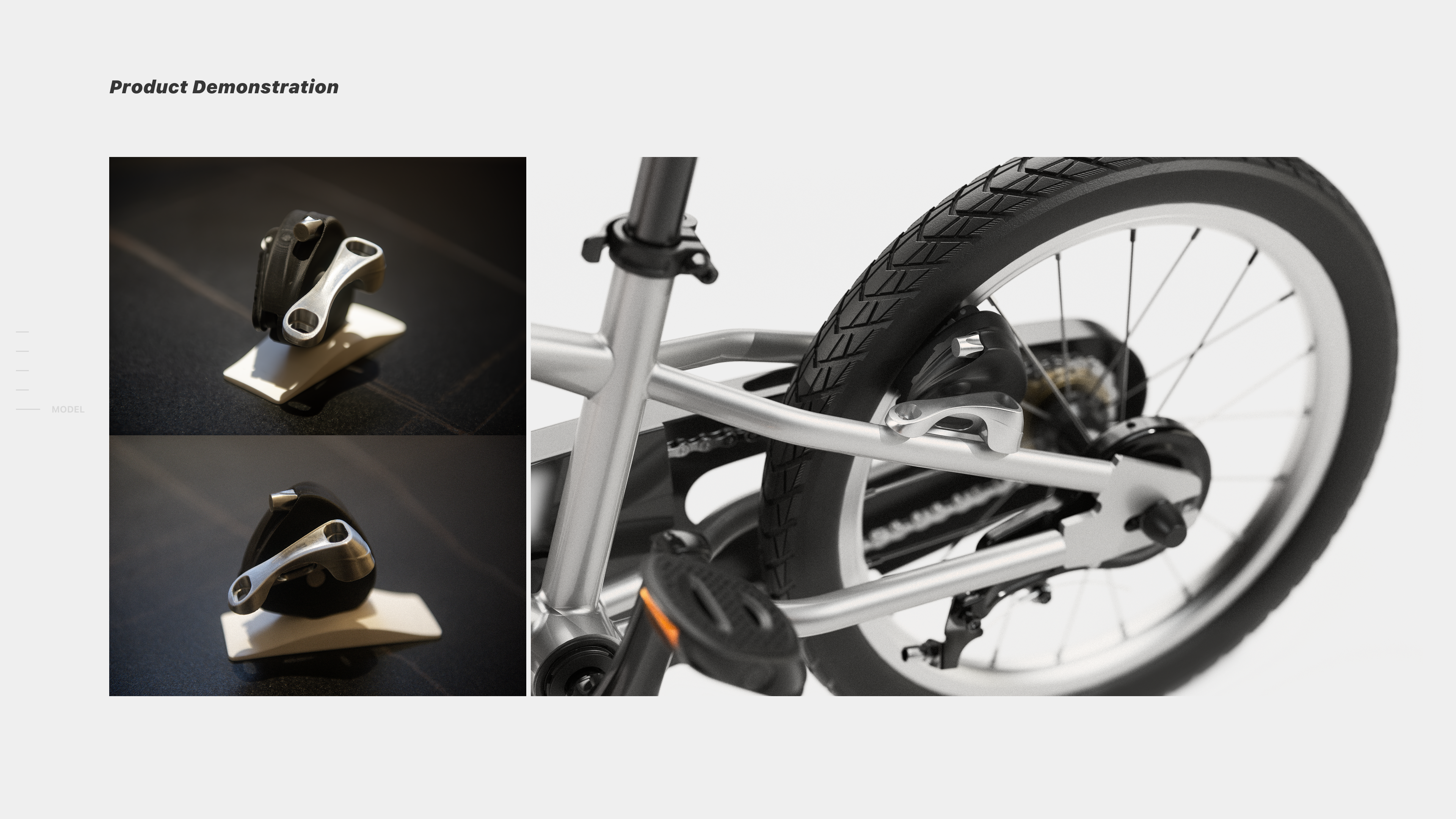 Product Demonstration showing the brake mounted on a child’s bicycle rear wheel with part close-ups.