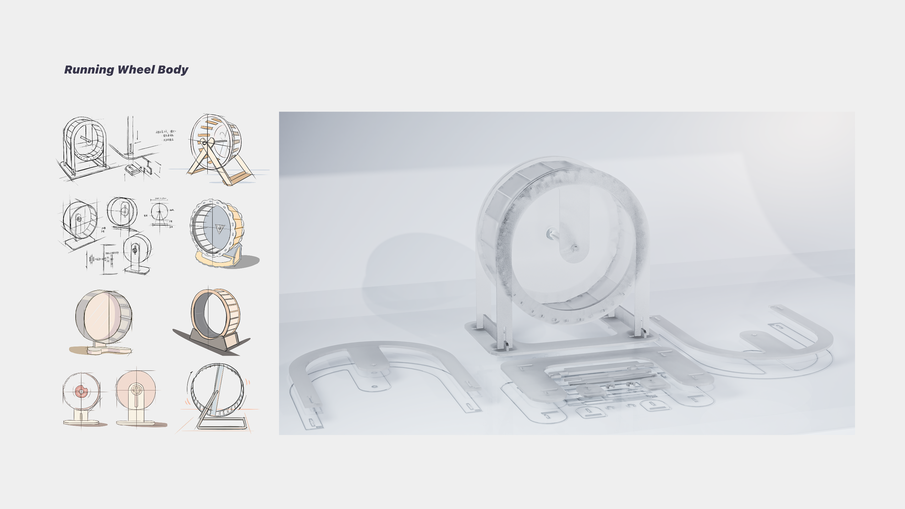 Running Wheel Body board with the wheel structure and the integrated power conversion and food dispensing systems.