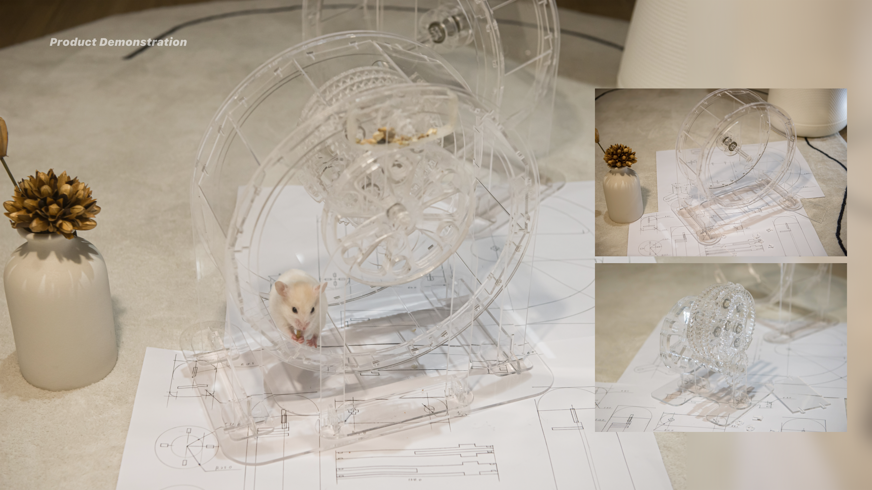 Product demonstration board showing the finished Hamster Wheel.