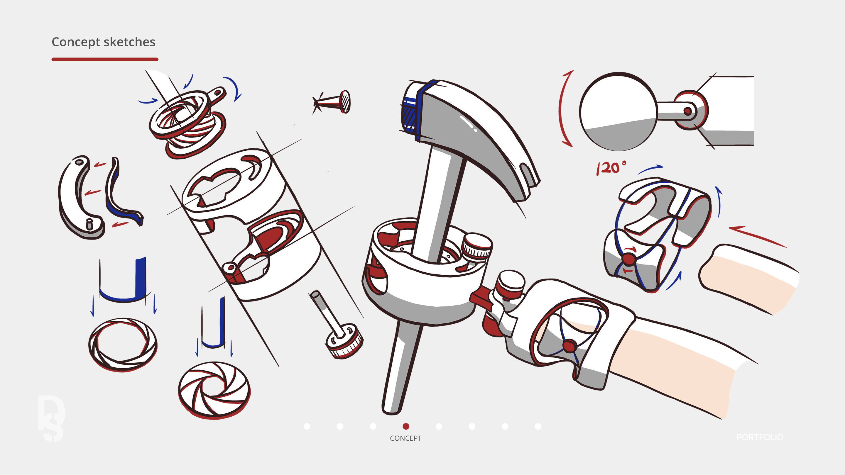 Prosthetic hand concept sketch board with hand-drawn studies of the hand and gripper.