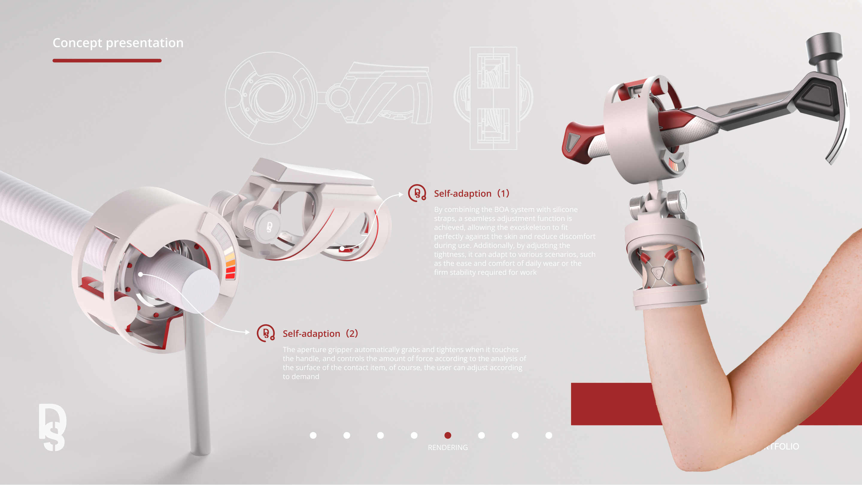 Concept presentation board with the BOA-and-strap self-adaption for the exoskeleton and the aperture gripper for the prosthetic hand.