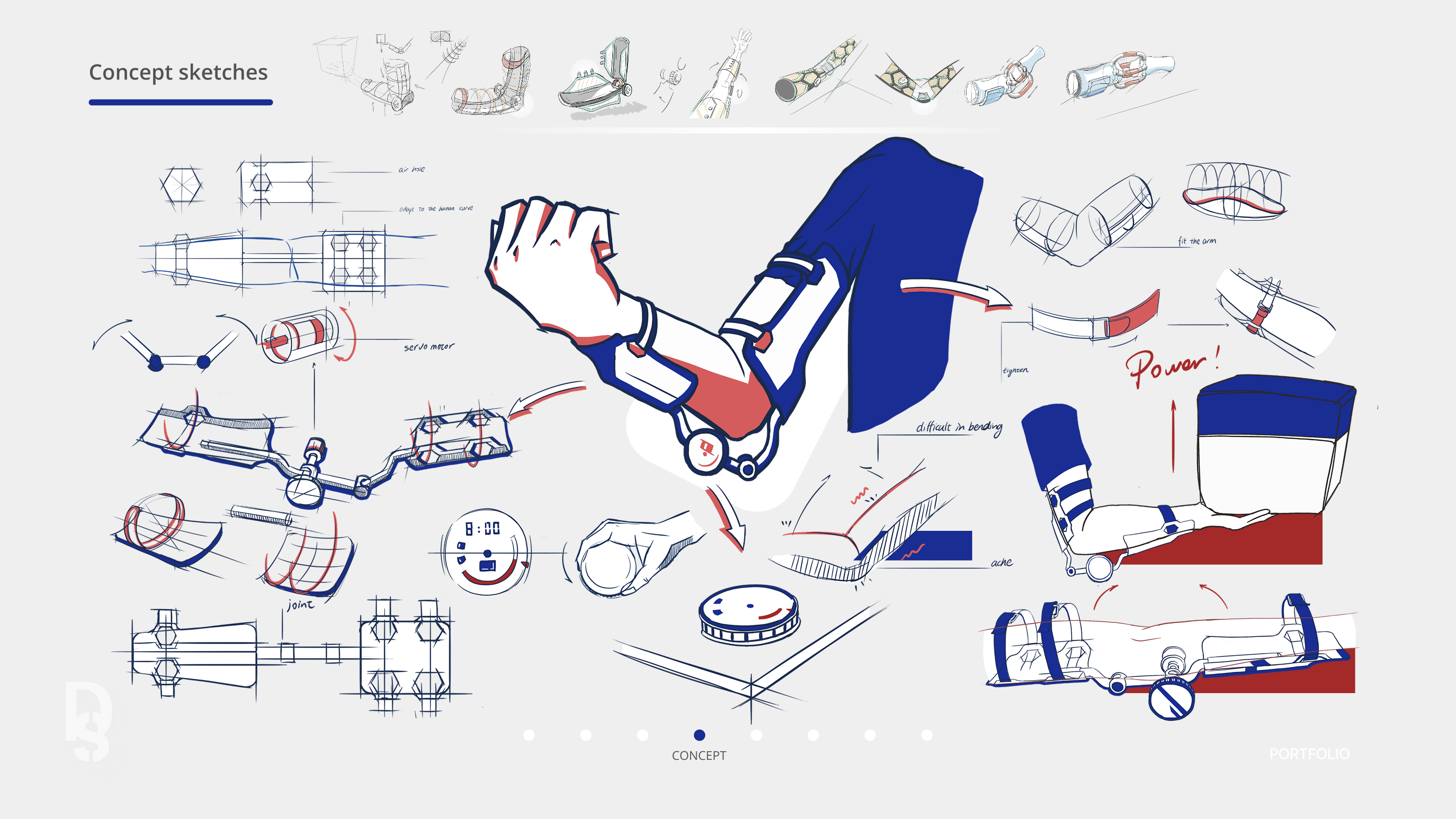 Exoskeleton concept sketch board with hand-drawn form explorations and annotated studies.