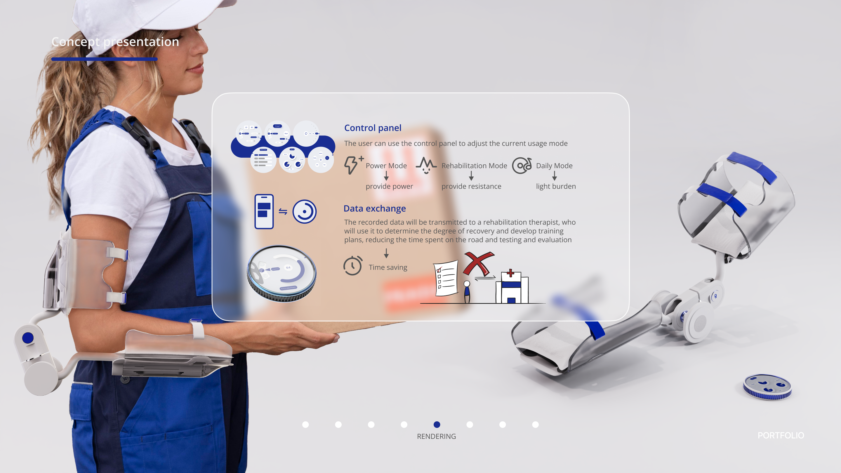 Exoskeleton concept board with the control panel, the two usage modes of rehabilitation and daily assistance, and the data-exchange flow to a therapist.