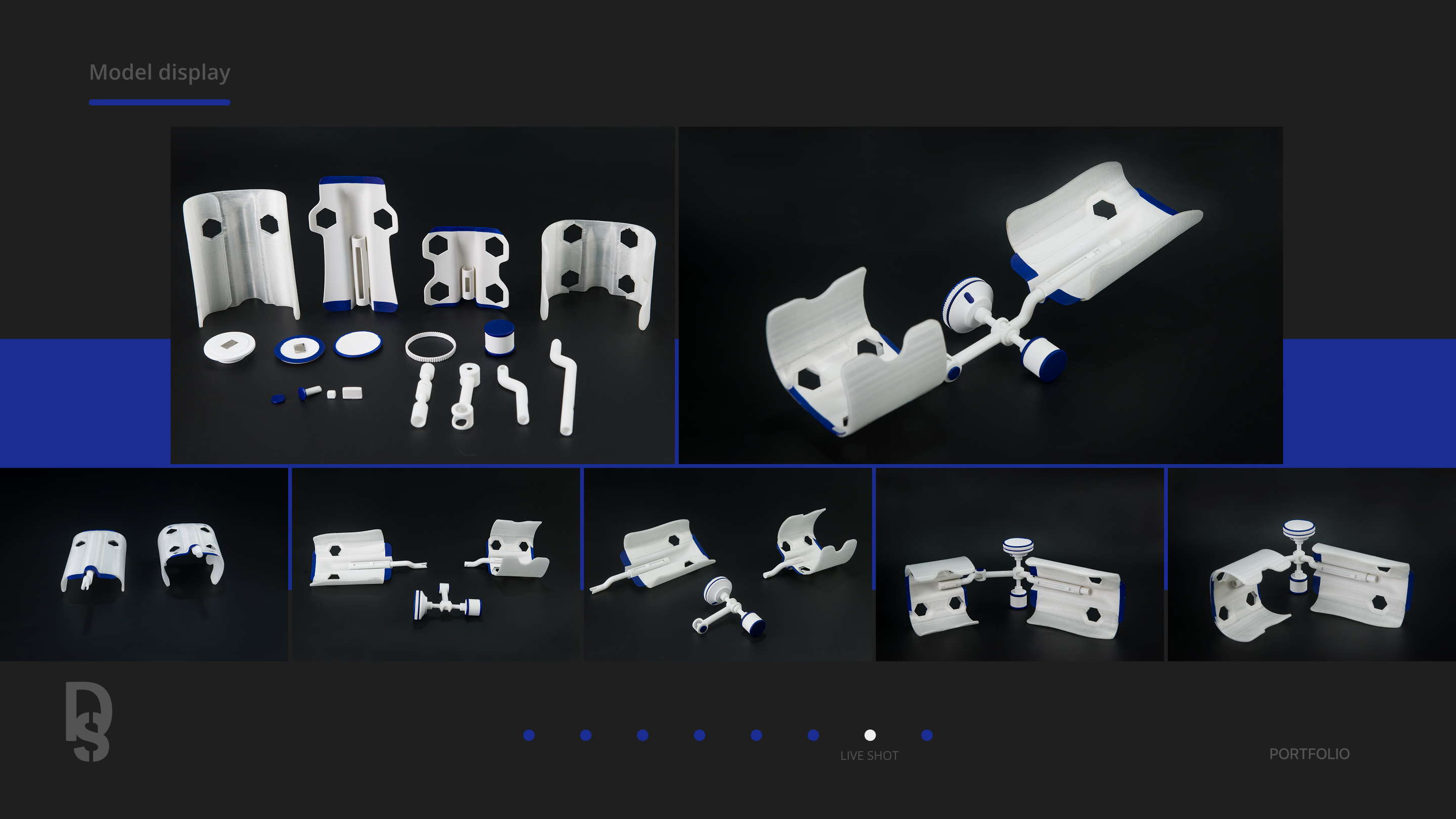 Model display board with studio shots of the finished exoskeleton model.