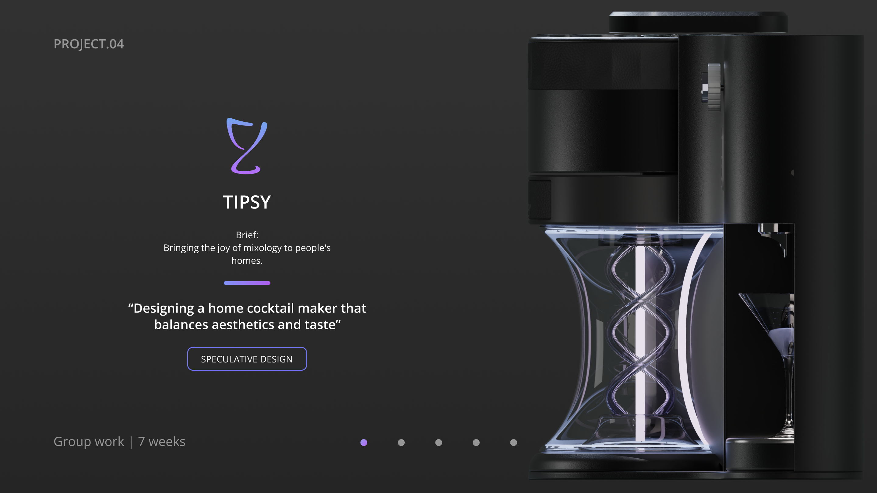 TIPSY project brief board with the goal of bringing the joy of mixology home and the project details "Group work · 7 weeks".